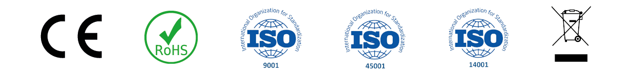 CE, RoHS, ISO 9001, ISO 45001, ISO 14001, WEEE